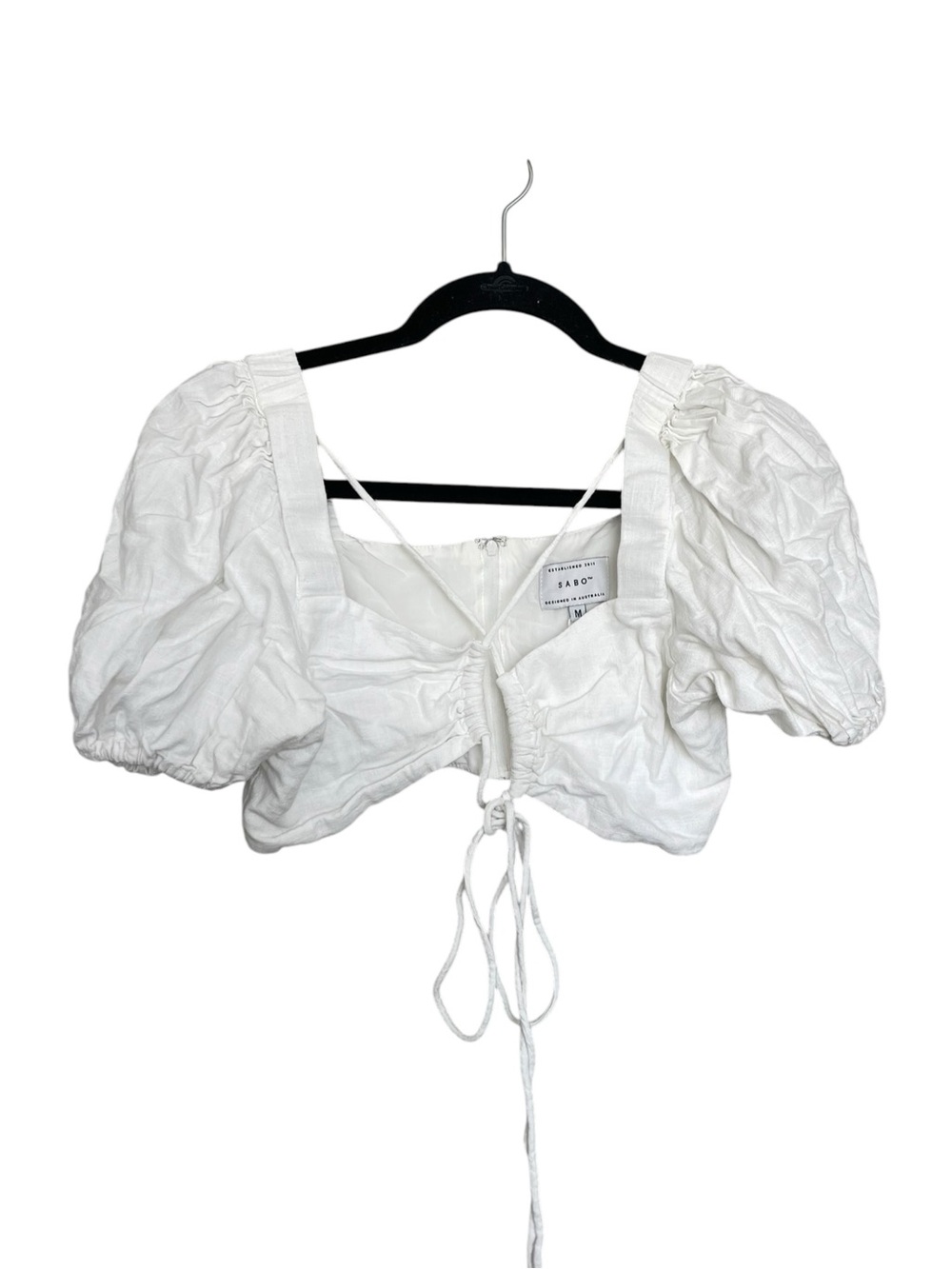 Sabo Skirt White Puff Sleeve Tie-Front Crop Top